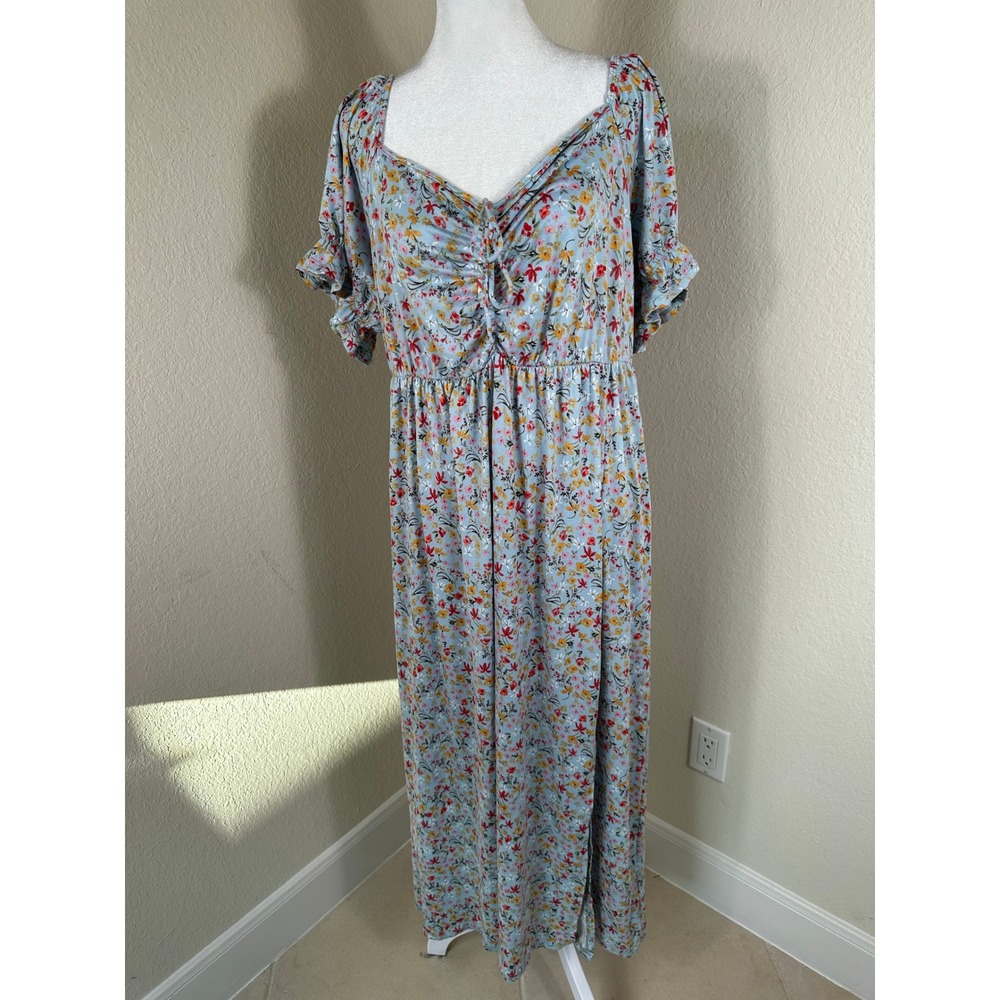 Vibe Sportswear Floral Maxi Dress Women 2X Blue Cottagecore Boho Ruffle Sleeve